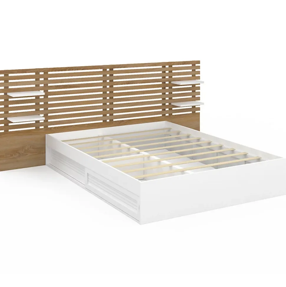 Lit double SAVANA avec tête de lit, chevets, rangements et sommier 140 x 190 cm blanc et façon hêtre