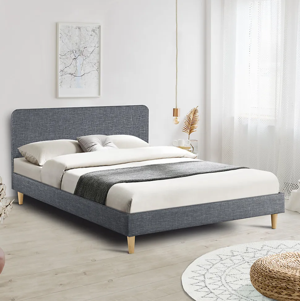 Lit double scandinave BALTA avec tête de lit et sommier 140 x 190 cm tissu gris anthracite