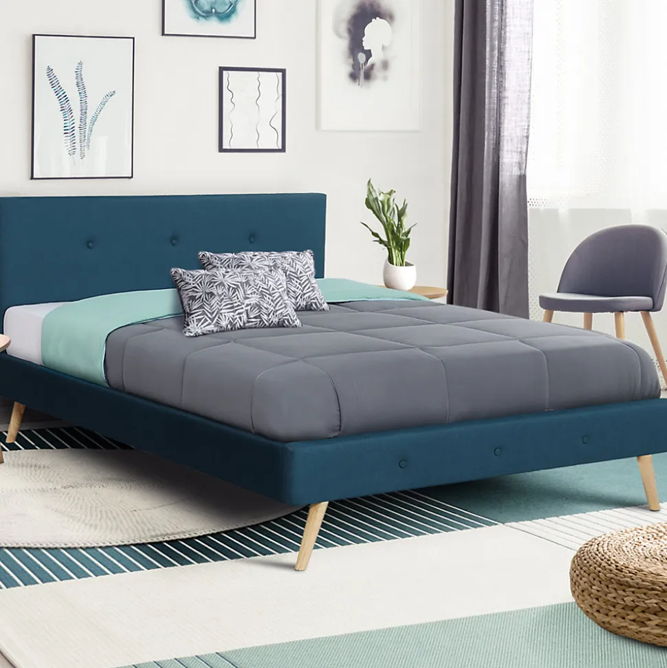 Lit double scandinave OSLO avec tête de lit et sommier 160 x 200 cm tissu bleu canard