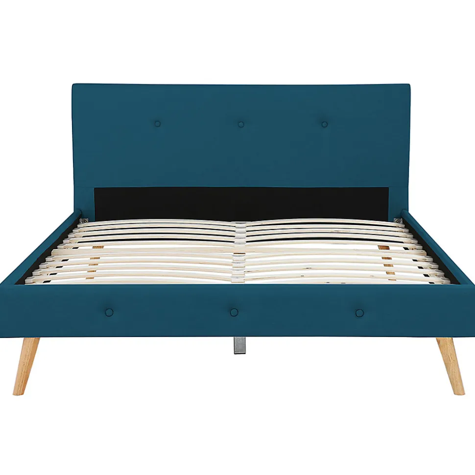 Lit double scandinave OSLO avec tête de lit et sommier 160 x 200 cm tissu bleu canard