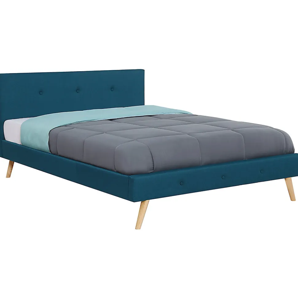 Lit double scandinave OSLO avec tête de lit et sommier 140 x 190 cm tissu bleu canard