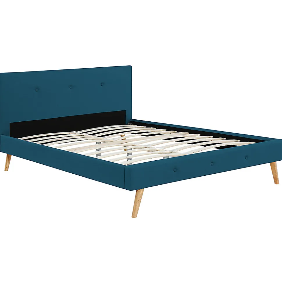 Lit double scandinave OSLO avec tête de lit et sommier 140 x 190 cm tissu bleu canard