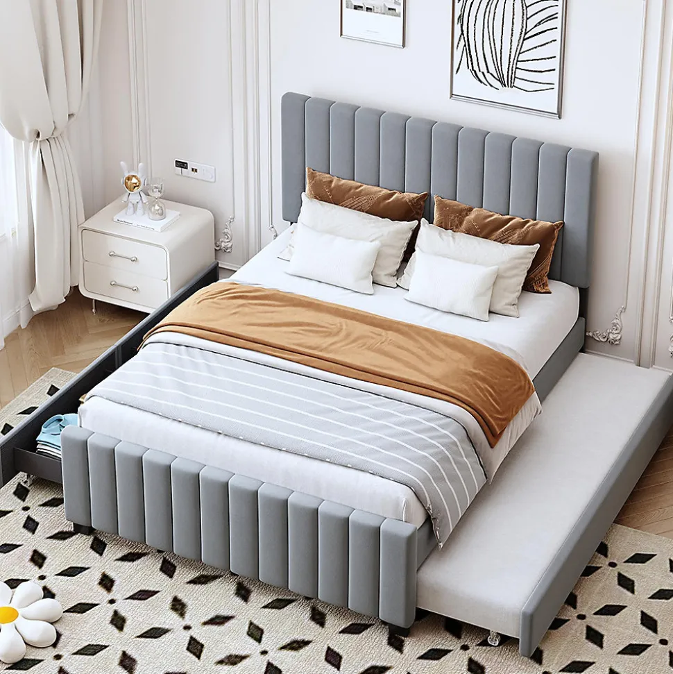 Lit double velours 140x190 cm, lit gigogne, 2 tiroirs - gris