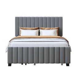 Lit double velours 140x190 cm, lit gigogne, 2 tiroirs - gris