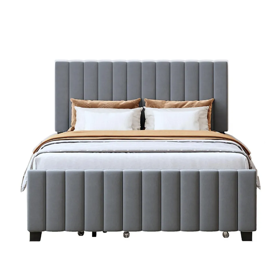 Lit double velours 140x190 cm, lit gigogne, 2 tiroirs - gris