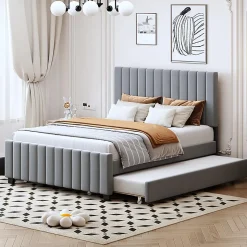 Lit double velours 140x190 cm, lit gigogne, 2 tiroirs - gris