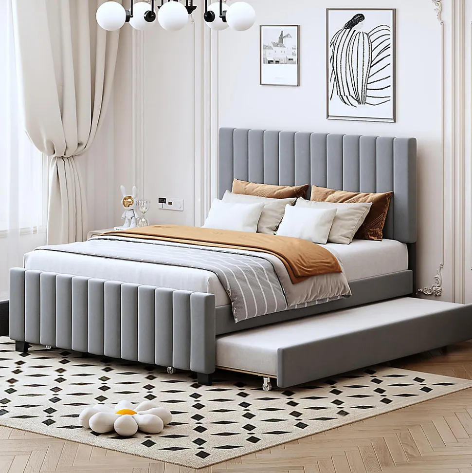 Lit double velours 140x190 cm, lit gigogne, 2 tiroirs - gris