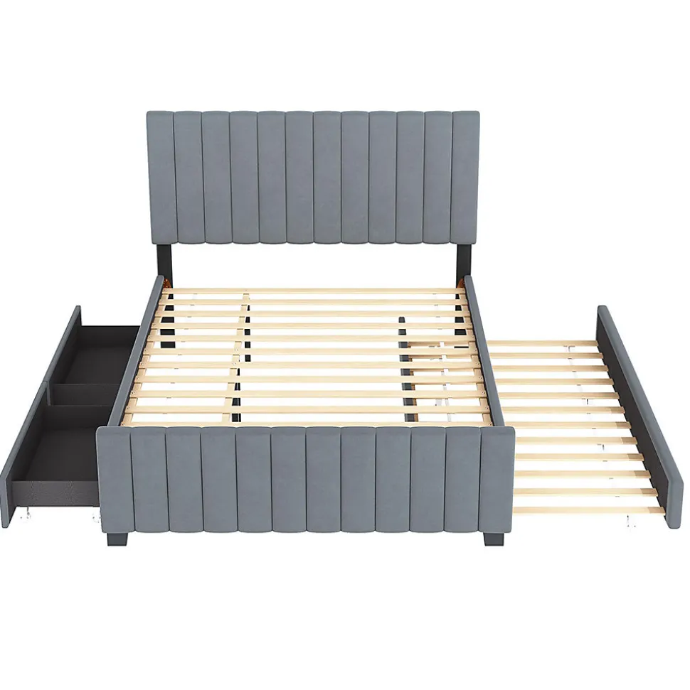 Lit double velours 140x190 cm, lit gigogne, 2 tiroirs - gris