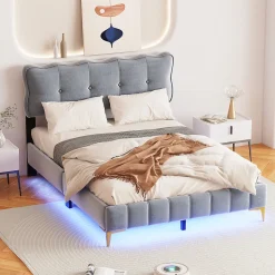 Lit Double 140x200 - Lit avec Éclairage LED, avec Sommier À Lattes, Sans Matelas, Velours Gris et Pieds Métalliques