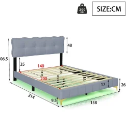 Lit Double 140x200 - Lit avec Éclairage LED, avec Sommier À Lattes, Sans Matelas, Velours Gris et Pieds Métalliques