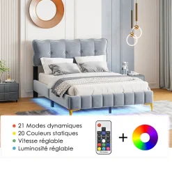 Lit Double 140x200 - Lit avec Éclairage LED, avec Sommier À Lattes, Sans Matelas, Velours Gris et Pieds Métalliques