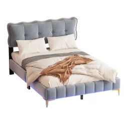 Lit Double 140x200 - Lit avec Éclairage LED, avec Sommier À Lattes, Sans Matelas, Velours Gris et Pieds Métalliques