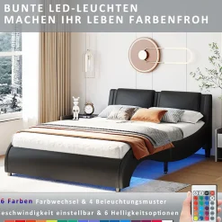 Lit Double 140x200 - Lit avec Éclairage LED et Sommier À Lattes, Sans Matelas, Simili Cuir Noir
