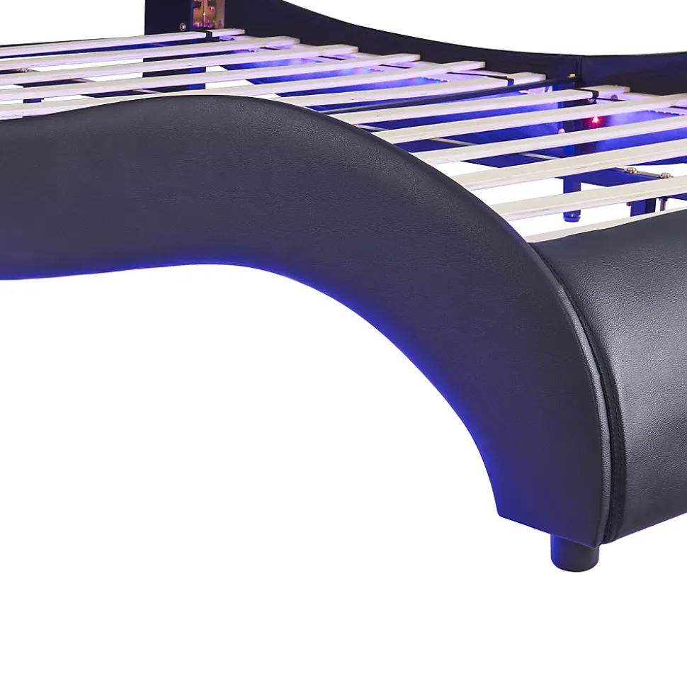 Lit Double 140x200 - Lit avec Éclairage LED et Sommier À Lattes, Sans Matelas, Simili Cuir Noir