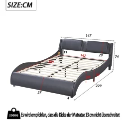 Lit Double 140x200 - Lit avec Éclairage LED et Sommier À Lattes, Sans Matelas, Simili Cuir Noir
