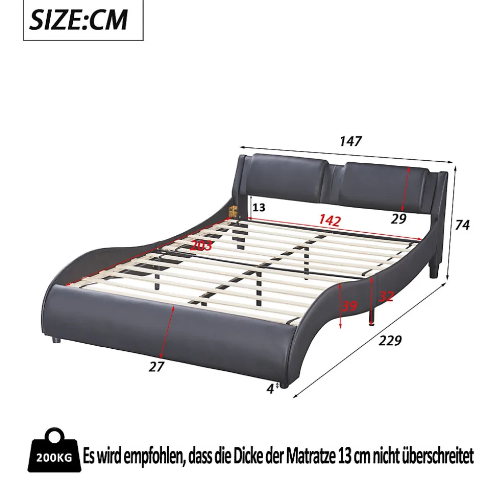 Lit Double 140x200 - Lit avec Éclairage LED et Sommier À Lattes, Sans Matelas, Simili Cuir Noir