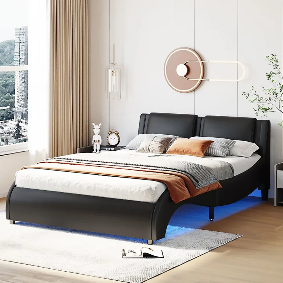 Lit Double 140x200 - Lit avec Éclairage LED et Sommier À Lattes, Sans Matelas, Simili Cuir Noir