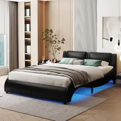 Lit Double 140x200 - Lit avec Éclairage LED et Sommier À Lattes, Sans Matelas, Simili Cuir Noir