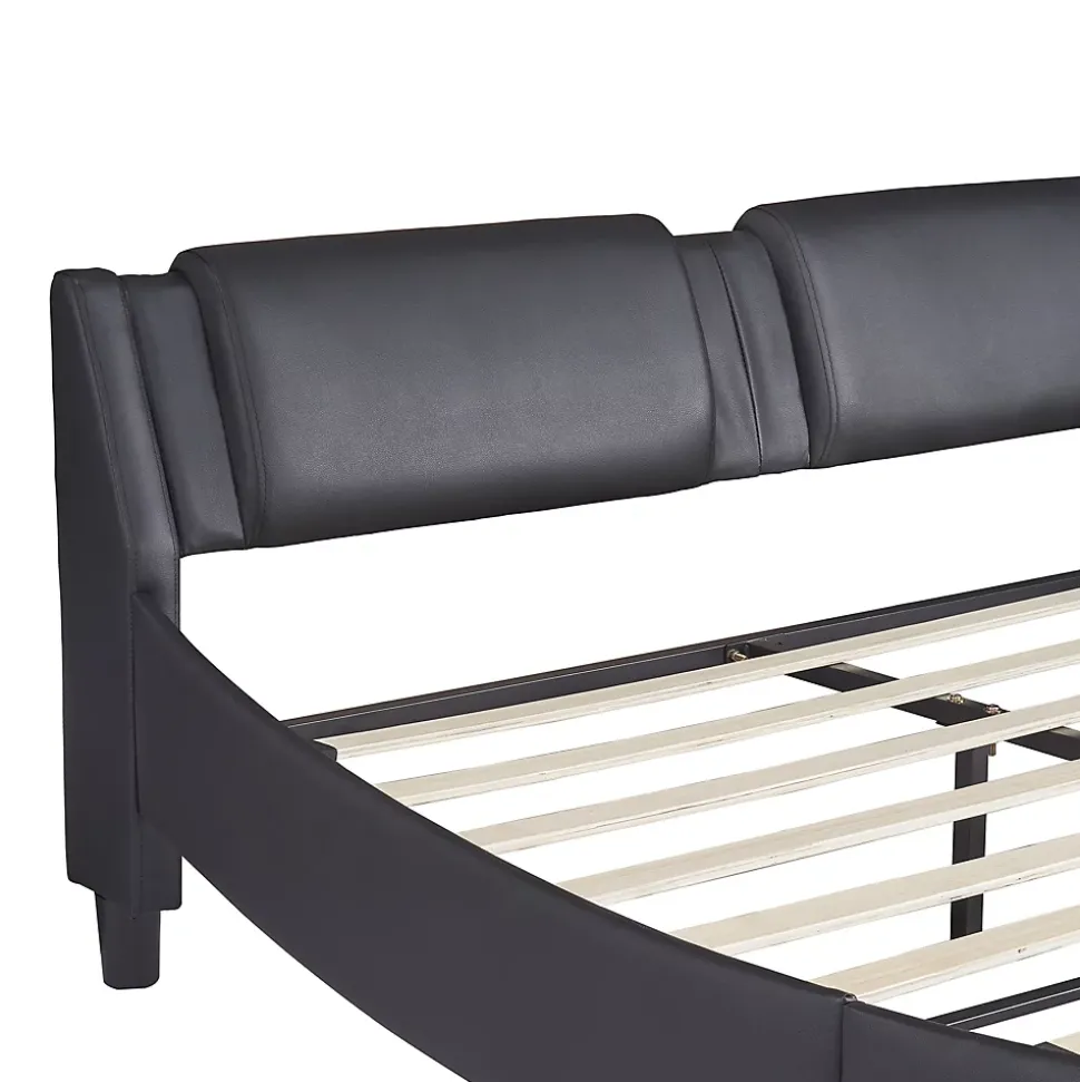 Lit Double 140x200 - Lit avec Éclairage LED et Sommier À Lattes, Sans Matelas, Simili Cuir Noir
