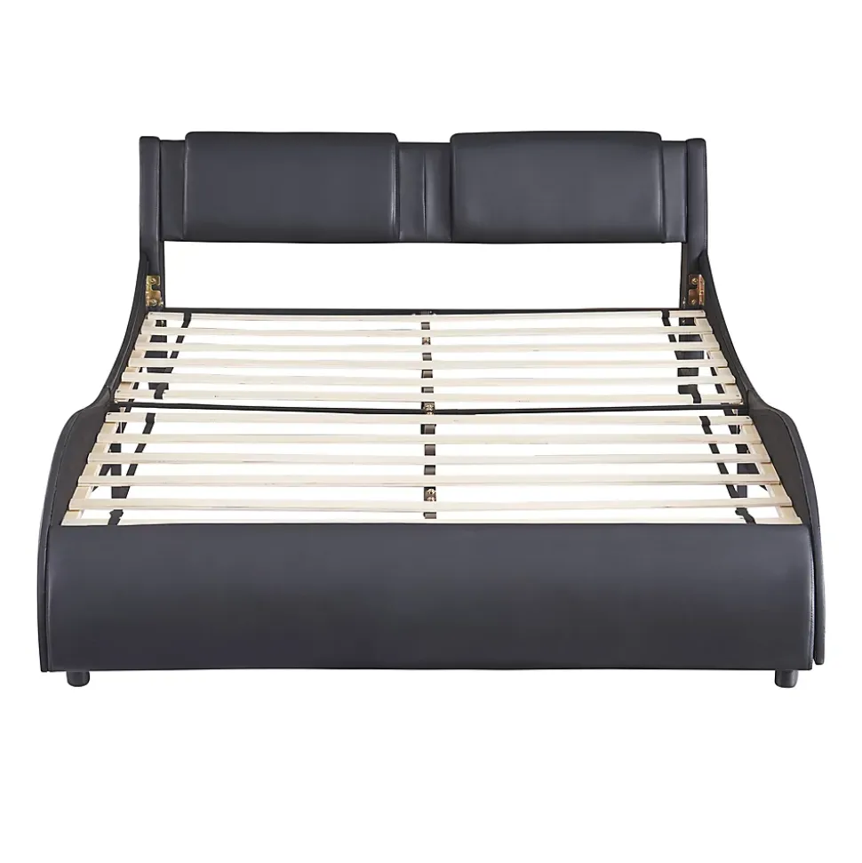 Lit Double 140x200 - Lit avec Éclairage LED et Sommier À Lattes, Sans Matelas, Simili Cuir Noir
