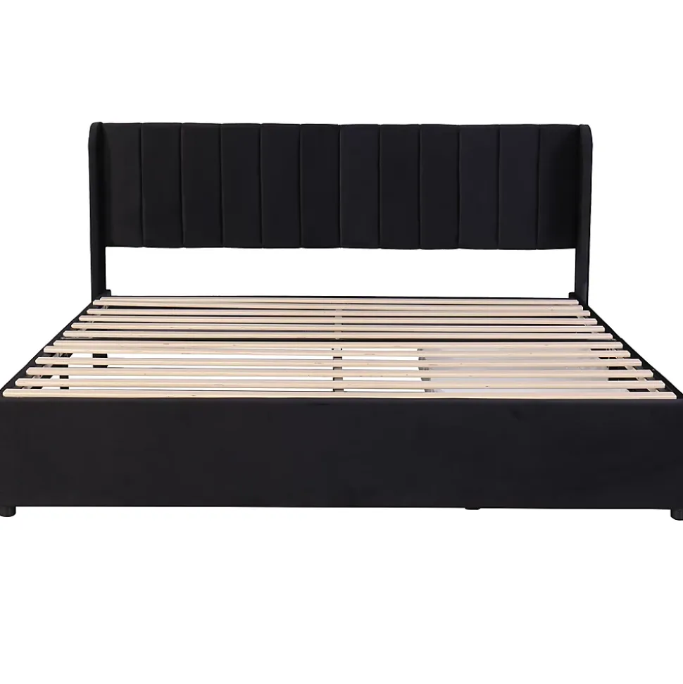 Lit Double 180x200 - Lit Capitonné en Velours Noir avec 2 Tiroirs, Lit Adulte Moderne avec Rangement