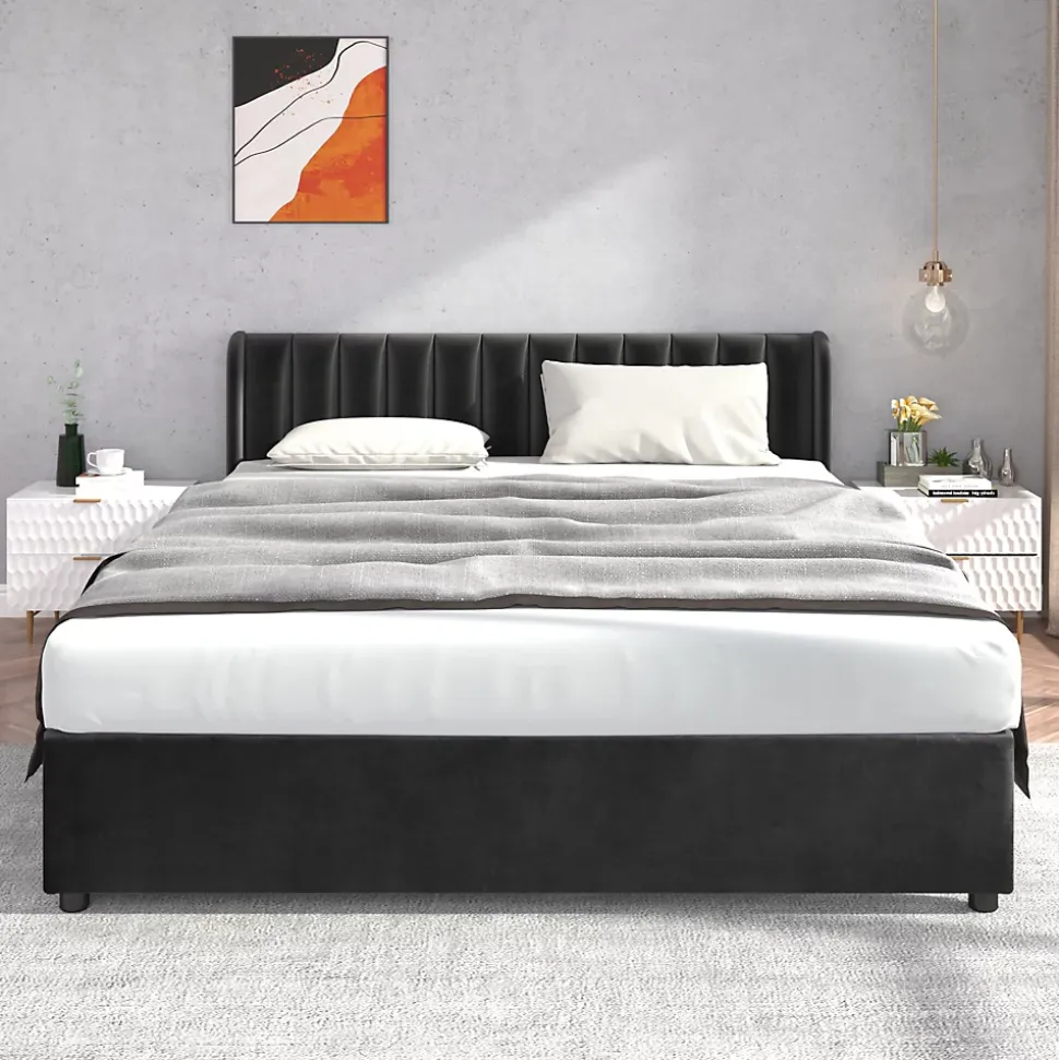 Lit Double 180x200 - Lit Capitonné en Velours Noir avec 2 Tiroirs, Lit Adulte Moderne avec Rangement