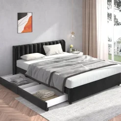 Lit Double 180x200 - Lit Capitonné en Velours Noir avec 2 Tiroirs, Lit Adulte Moderne avec Rangement