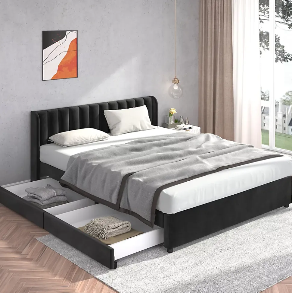 Lit Double 180x200 - Lit Capitonné en Velours Noir avec 2 Tiroirs, Lit Adulte Moderne avec Rangement
