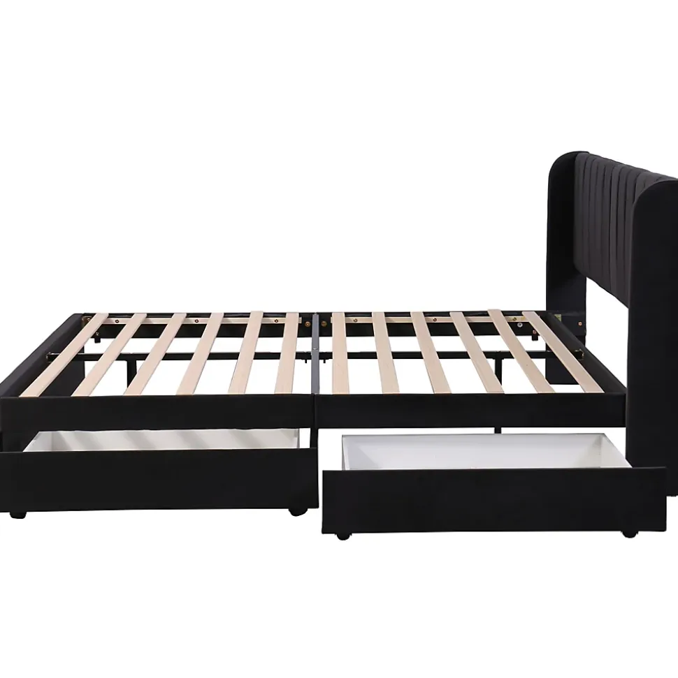 Lit Double 180x200 - Lit Capitonné en Velours Noir avec 2 Tiroirs, Lit Adulte Moderne avec Rangement