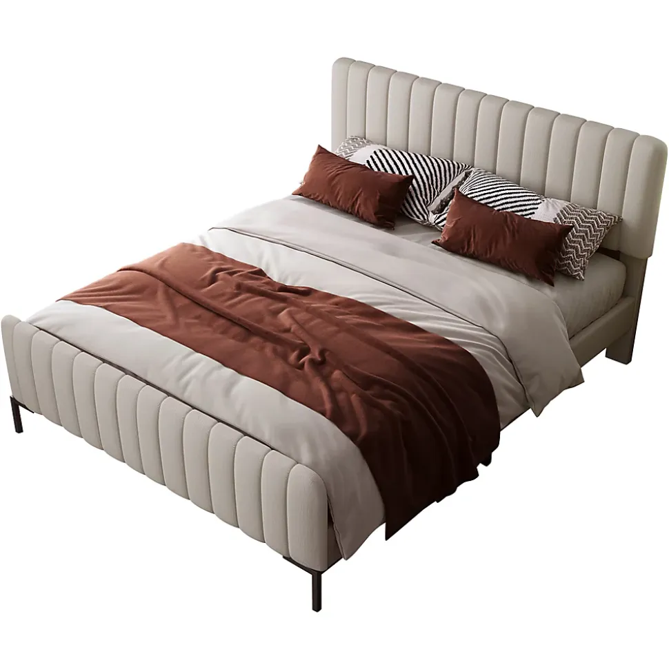 Lit double 160x200 - Lit rembourré avec cadre en bois et métal - Lin - Sans Matelas - Beige