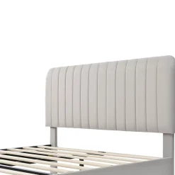 Lit double 160x200 - Lit rembourré avec cadre en bois et métal - Lin - Sans Matelas - Beige