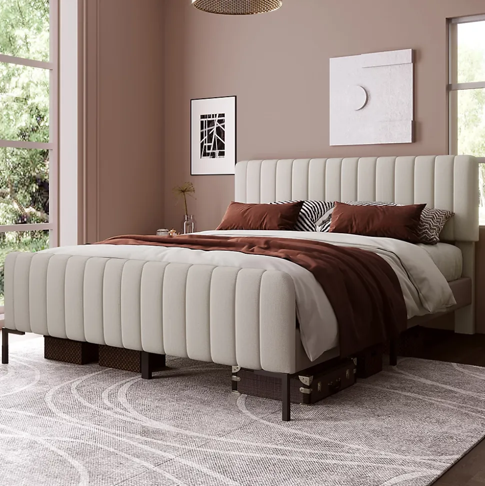 Lit double 160x200 - Lit rembourré avec cadre en bois et métal - Lin - Sans Matelas - Beige