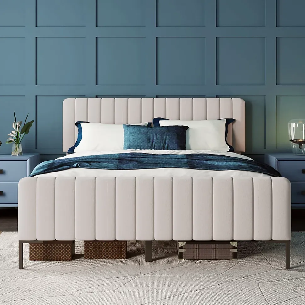 Lit double 160x200 - Lit rembourré avec cadre en bois et métal - Lin - Sans Matelas - Beige