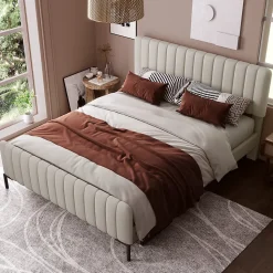 Lit double 180x200 - Lit rembourré avec cadre en bois et métal - Lin - Sans Matelas - Beige