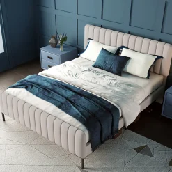 Lit double 140x200 - Lit rembourré avec cadre en bois et métal - Lin - Sans Matelas - Beige