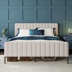 Lit double 140x200 - Lit rembourré avec cadre en bois et métal - Lin - Sans Matelas - Beige