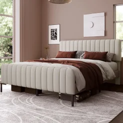 Lit double 140x200 - Lit rembourré avec cadre en bois et métal - Lin - Sans Matelas - Beige