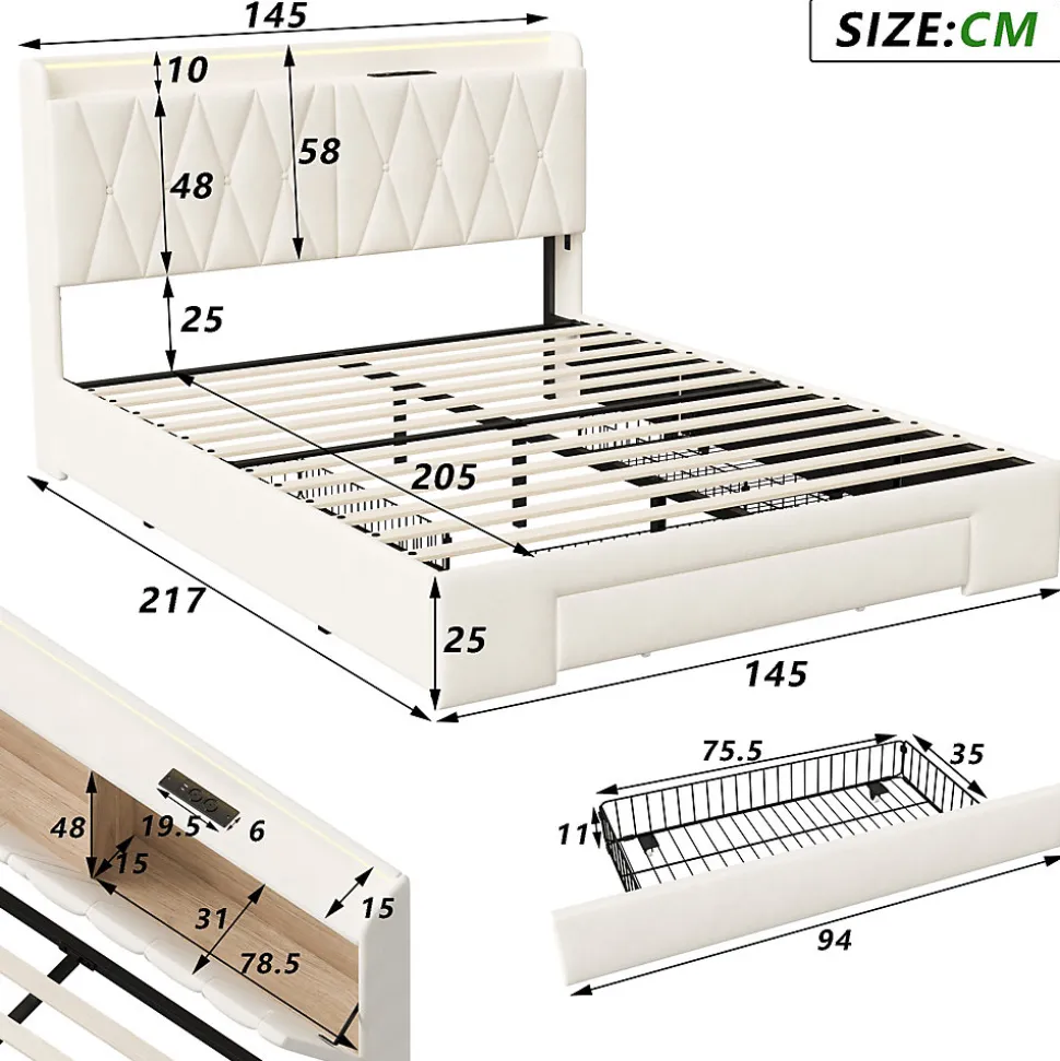 lit double 160x200 avec tiroirs,lit capitonné,rangement tête de lit, tête de lit ouverte,chargement USB,LED réglable,velours,beige