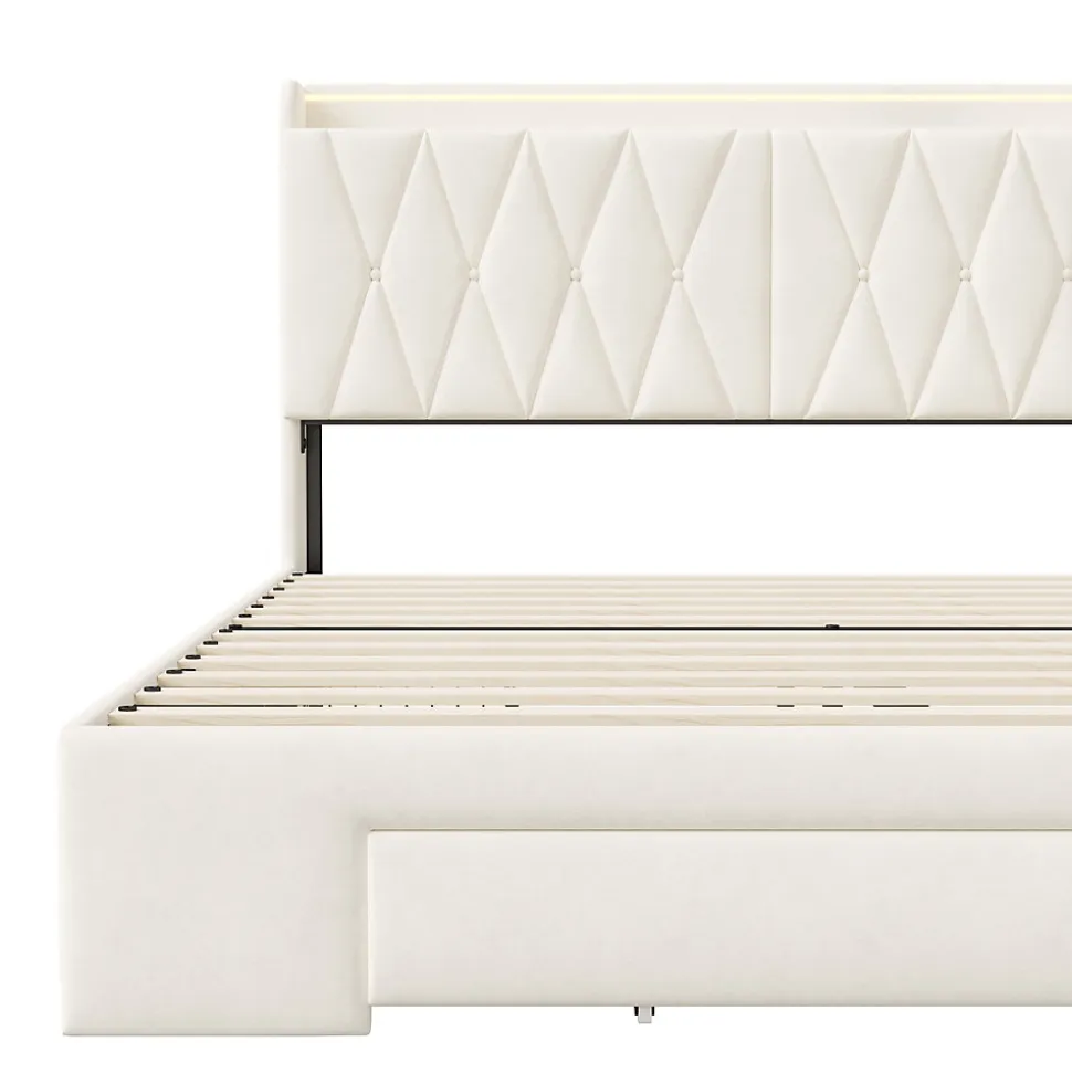 lit double 160x200 avec tiroirs,lit capitonné,rangement tête de lit, tête de lit ouverte,chargement USB,LED réglable,velours,beige