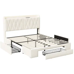 lit double 160x200 avec tiroirs,lit capitonné,rangement tête de lit, tête de lit ouverte,chargement USB,LED réglable,velours,beige