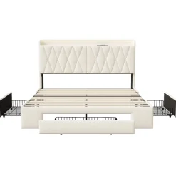 lit double 160x200 avec tiroirs,lit capitonné,rangement tête de lit, tête de lit ouverte,chargement USB,LED réglable,velours,beige