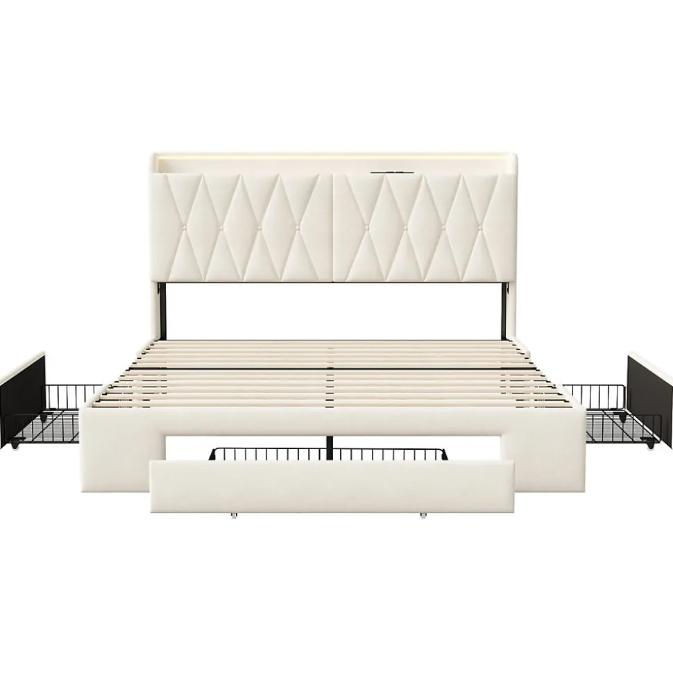 lit double 160x200 avec tiroirs,lit capitonné,rangement tête de lit, tête de lit ouverte,chargement USB,LED réglable,velours,beige