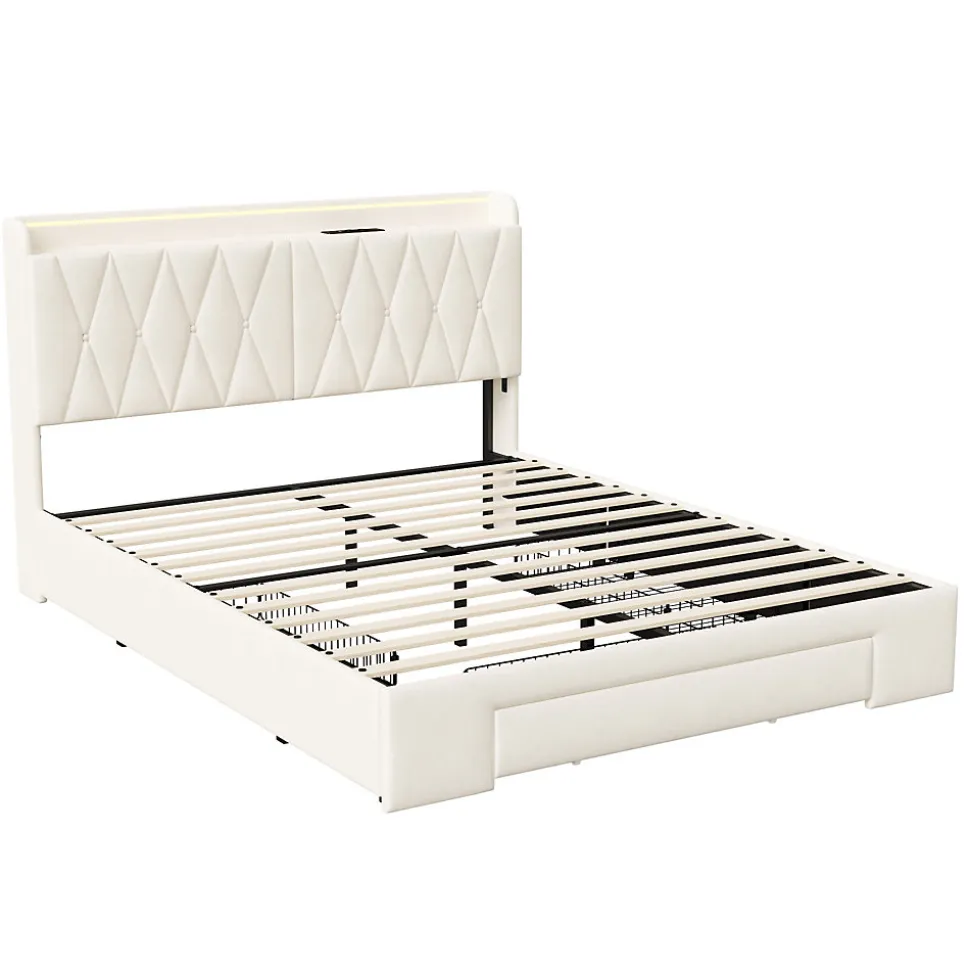 lit double 160x200 avec tiroirs,lit capitonné,rangement tête de lit, tête de lit ouverte,chargement USB,LED réglable,velours,beige