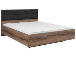 Lit double 160x200 avec tête de lit rembourrée noir ,coloris Chêne marron foncé - L. 206 x P. 165 x H. 42-98,5 cm