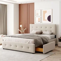 Lit Double 140x200 cm - avec 4 Tiroirs, Lit Confortable en Velours, Tête de Lit capitonnée, Sans Matelas, Beige