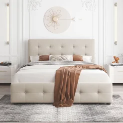 Lit Double 140x200 cm - avec 4 Tiroirs, Lit Confortable en Velours, Tête de Lit capitonnée, Sans Matelas, Beige