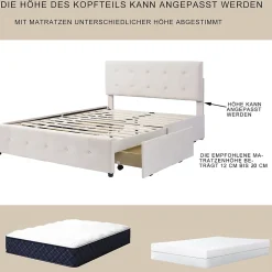 Lit Double 140x200 cm - avec 4 Tiroirs, Lit Confortable en Velours, Tête de Lit capitonnée, Sans Matelas, Beige