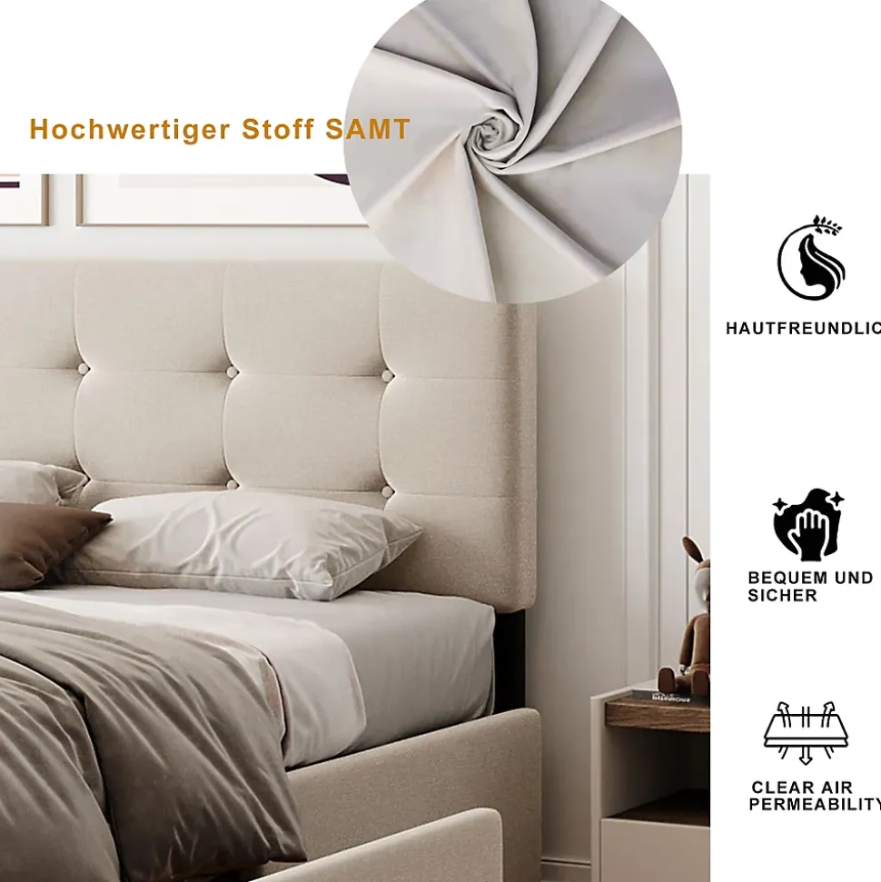Lit Double 140x200 cm - avec 4 Tiroirs, Lit Confortable en Velours, Tête de Lit capitonnée, Sans Matelas, Beige