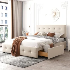 Lit Double 140x200 cm - avec 4 Tiroirs, Lit Confortable en Velours, Tête de Lit capitonnée, Sans Matelas, Beige