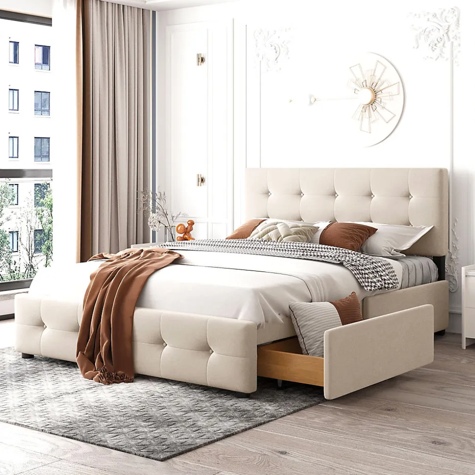 Lit Double 140x200 cm - avec 4 Tiroirs, Lit Confortable en Velours, Tête de Lit capitonnée, Sans Matelas, Beige
